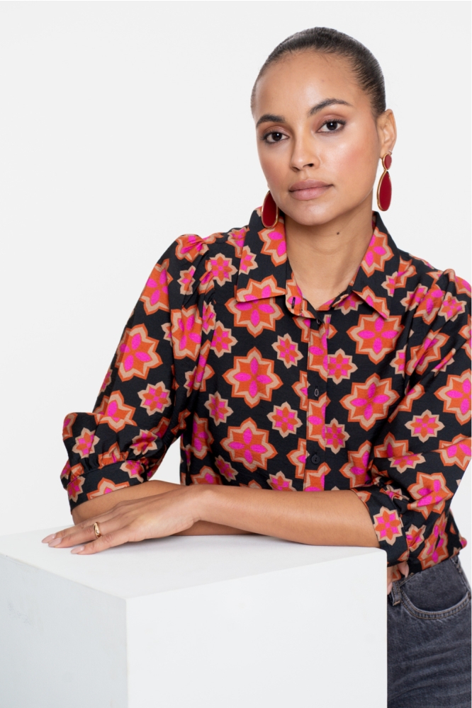 RETRO FLOWER PRINT BLOUSE 53664-20 BLACK/ PINK